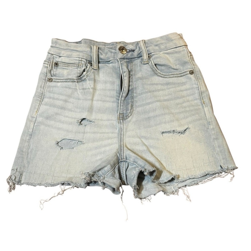 American Eagle High Rise Shorts 4 Light Wash Distressed Cutoff